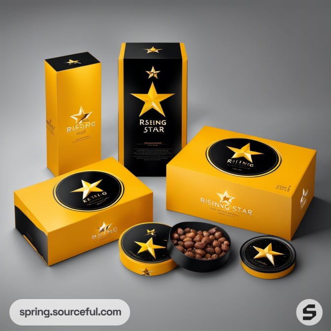 Black and gold packaging with star logo, includes boxes and tins.