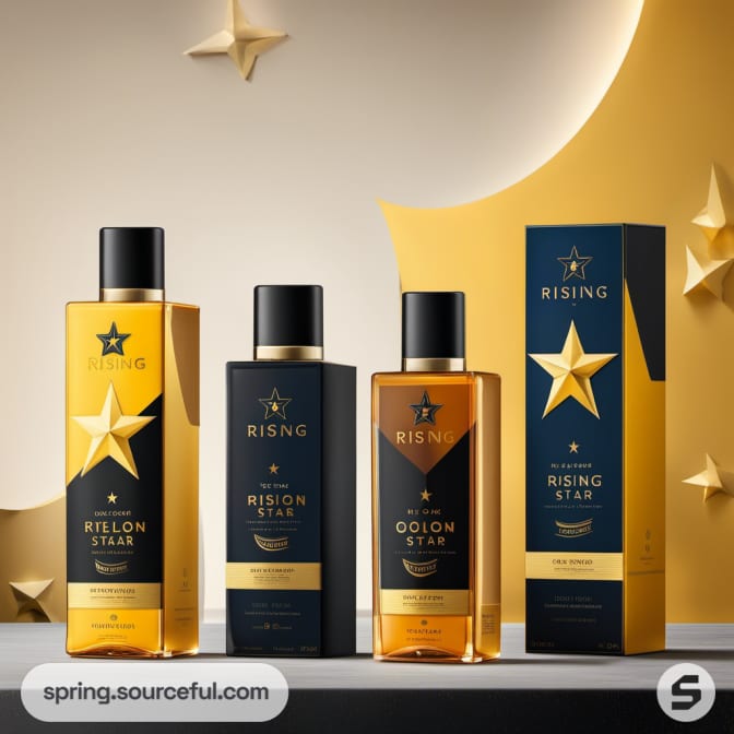 Tall bottles with star labels, in black and gold packaging.