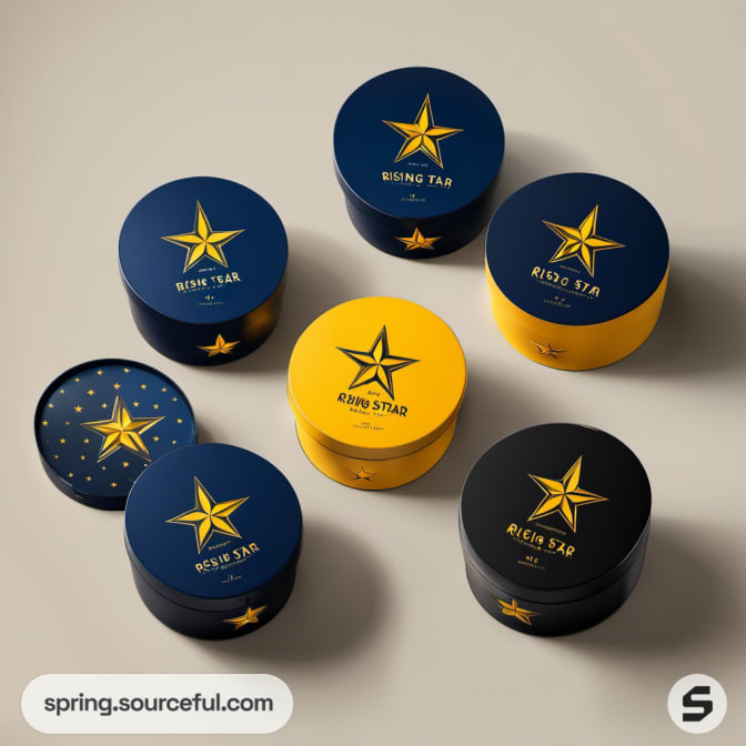 Round tins with stars in blue, yellow, and black designs.