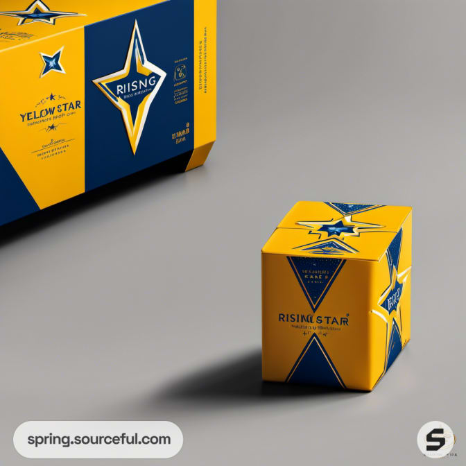 Small yellow and blue box with star motif packaging.