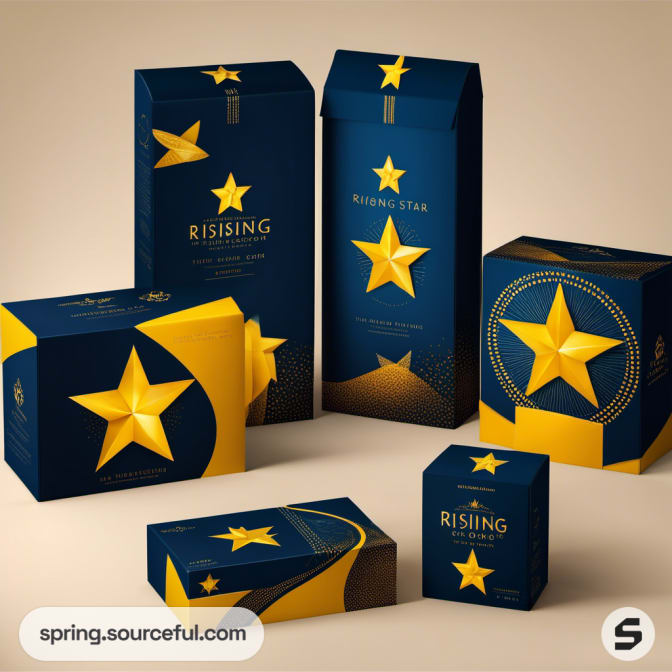 Dark blue and gold boxes with prominent star designs, various shapes.