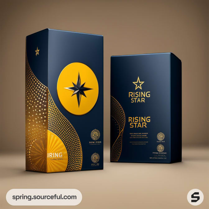 Tall dark blue and gold boxes with star icon, standing upright.