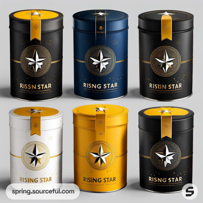 Cylindrical tins in varied colors with star design and ribbon.