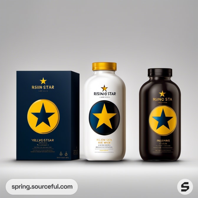 Blue and black bottles with matching star packaging, minimalist style.