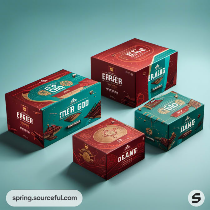 Red and teal mailer boxes with abstract designs and text on a teal background.
