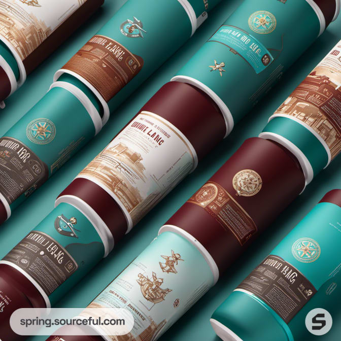 Cylindrical containers with teal and maroon designs laid on a teal surface.