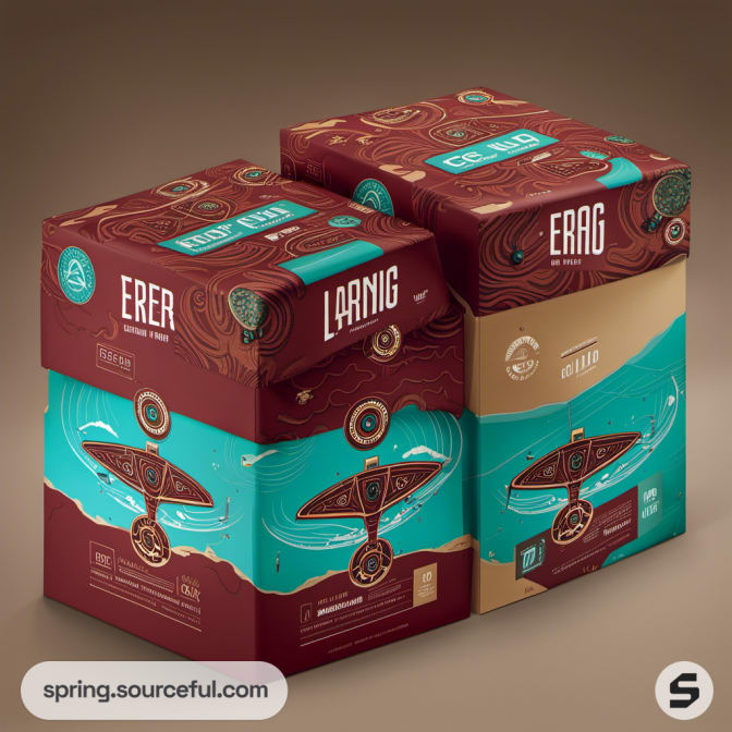 Two maroon and teal boxes with abstract boat designs on a brown surface.