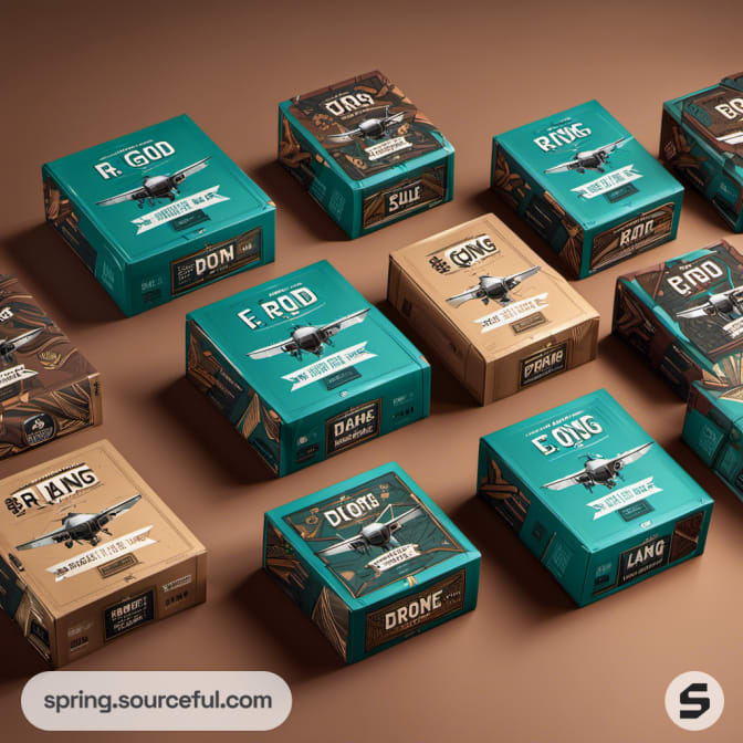 Assorted teal and brown boxes featuring drone illustrations on brown background.