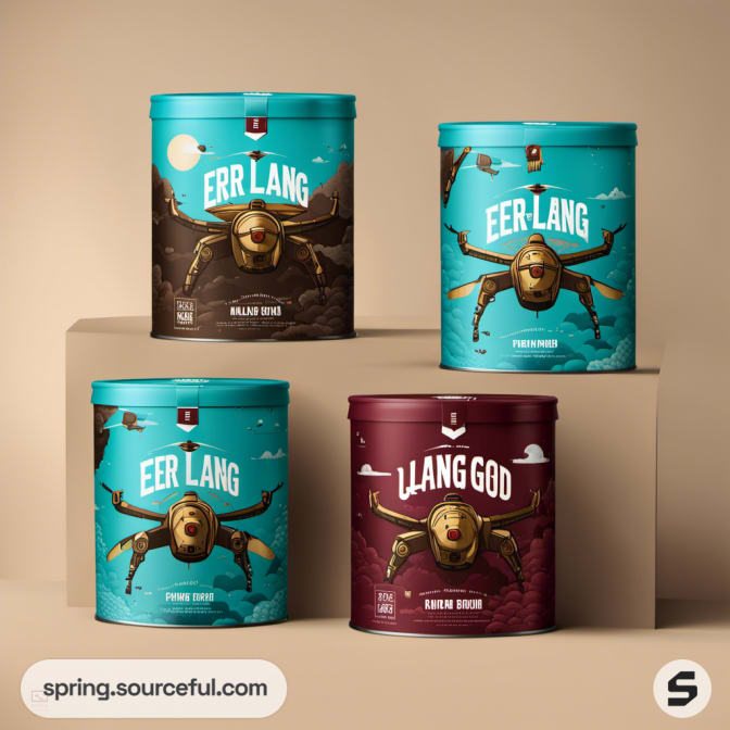 Four cylindrical containers with insect illustrations on beige background.