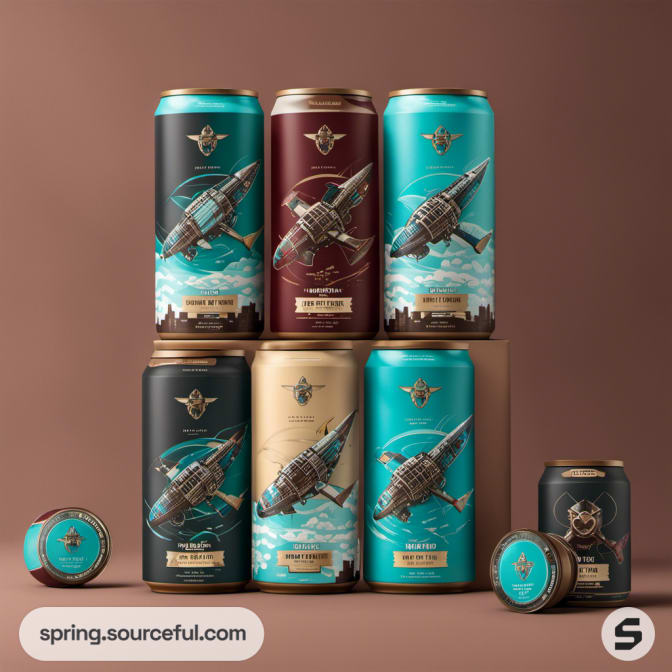 Assorted teal and maroon cans with airplane illustrations on brown surface.