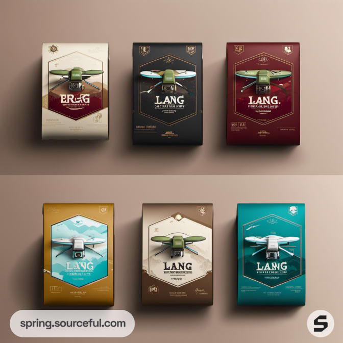 Five packages with drone illustrations and varied colors on a beige background.