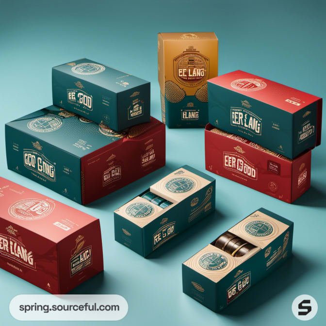 Stacked red and teal boxes with circular designs on a teal background.