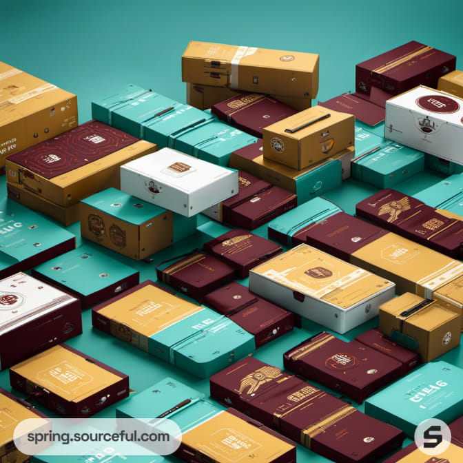 Assorted maroon, teal, and brown boxes neatly arranged on teal surface.