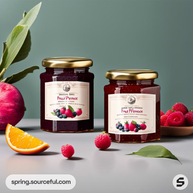 Two jars of fruit preserve with berries and orange slices on a light green background.
