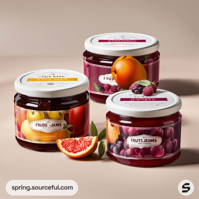 Three jars of fruit jams with fruit images and white lids on a neutral background.