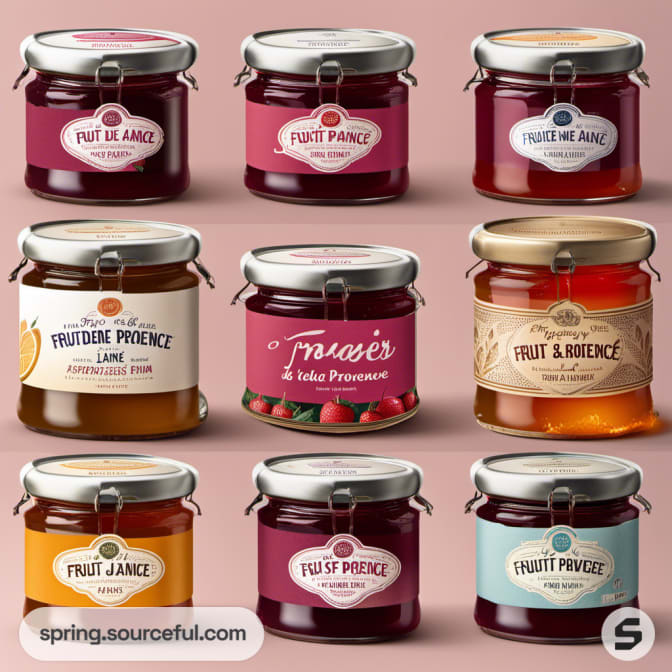 Nine jars of various fruit preserves with diverse labeling designs and closure styles.