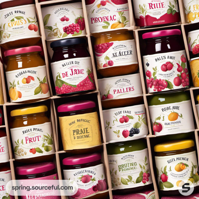 Assorted jars of jams in a wooden box arrangement with decorative fruit labels.