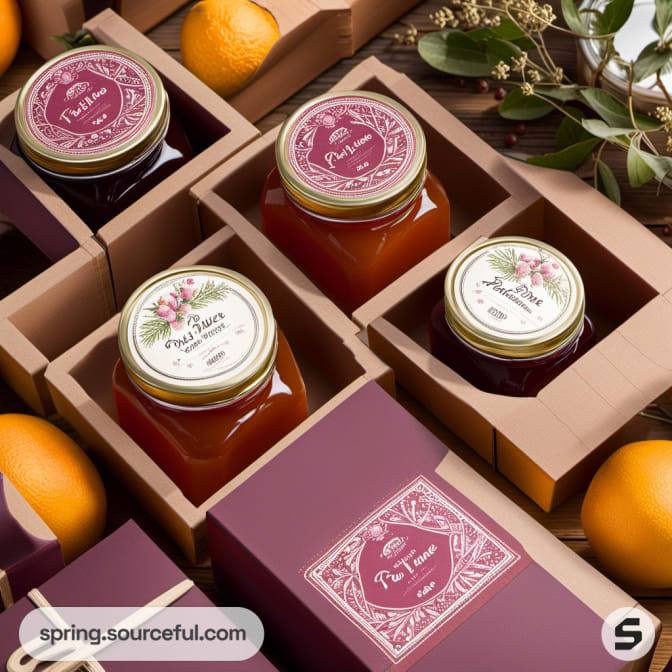 Jars of jam with ornate labels in a cardboard gift box with oranges and greens.