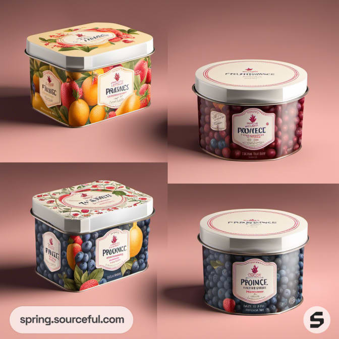 Four decorative square tins of fruit preserves with fruit illustrations on a pink background.