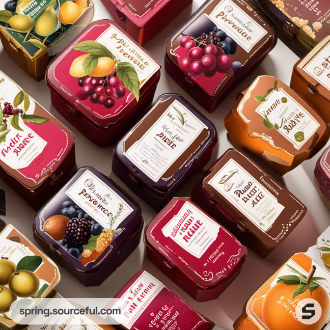 An array of colorful square tins of fruit preserves with decorative labels and fruit images.