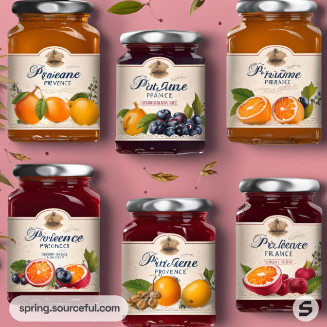 Six glass jars of fruit preserves with fruit illustrations and ornate labels on a pink background.