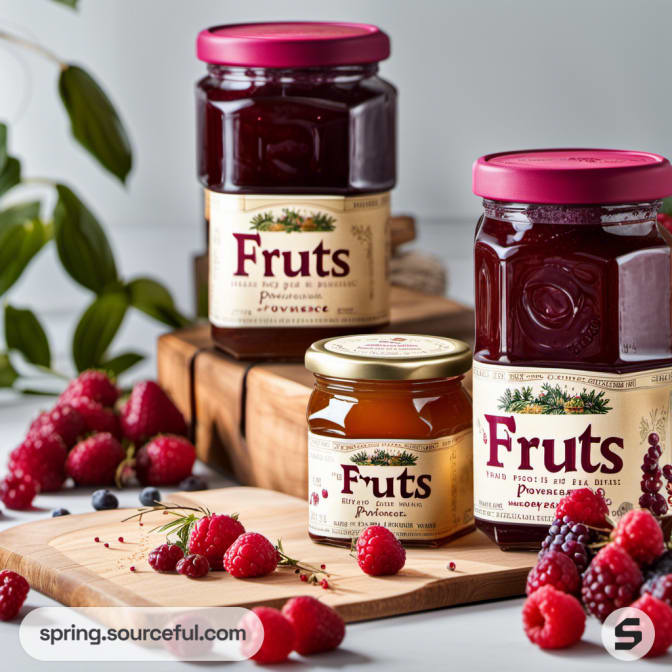 Three jars of 'Fruts' brand preserves with raspberries and greenery on a wooden board.