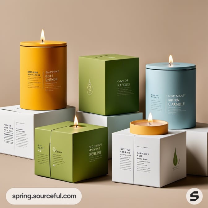 Candles in green and orange boxes with white and black labels on white boxes.