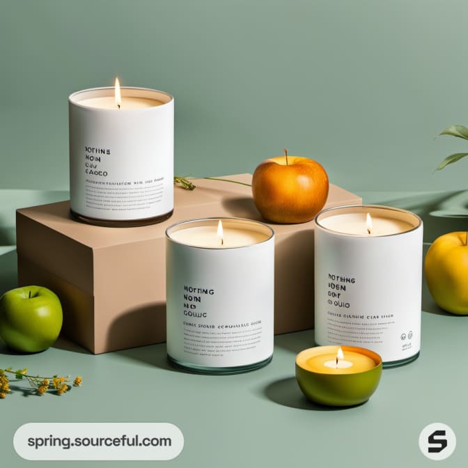 Candles with white labels on wooden and green surfaces with apples.