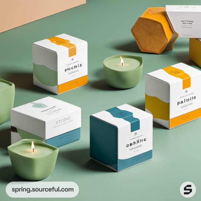 Candles in green bowls with colorful, geometric boxes.