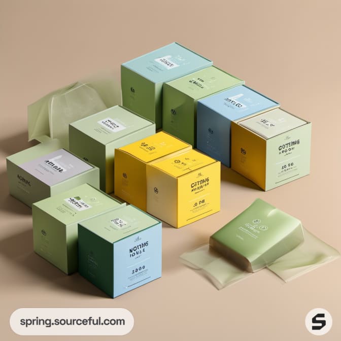Assorted candles in pastel-colored boxes on beige surface.