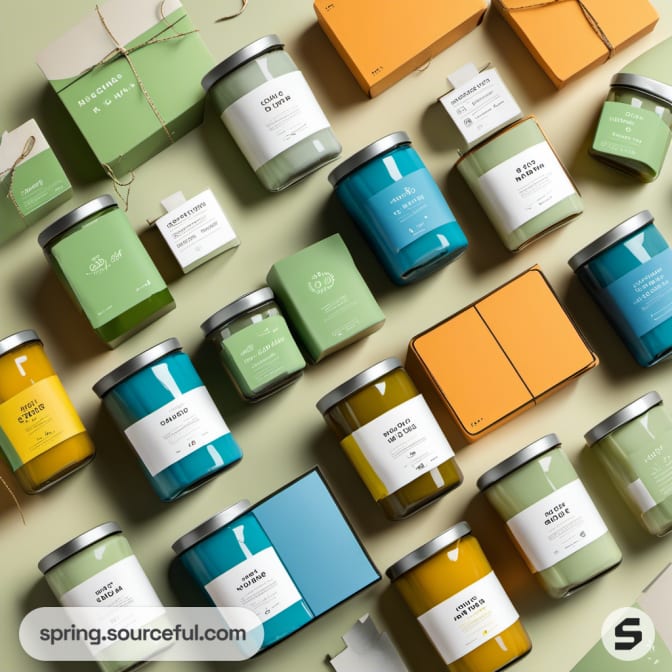 Various candles and vibrant boxes in green, blue, and orange.