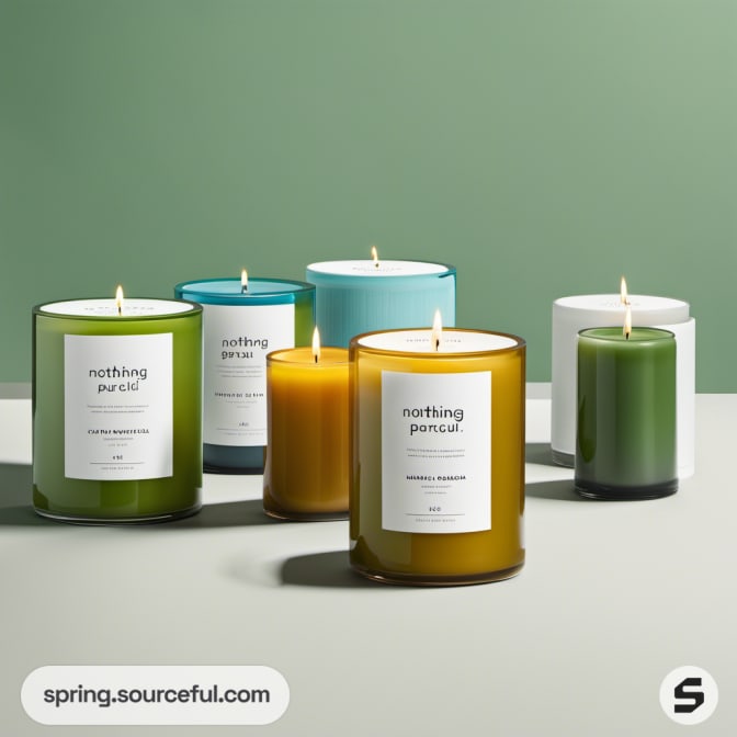 Candles in green, blue, and white jars on a green background.