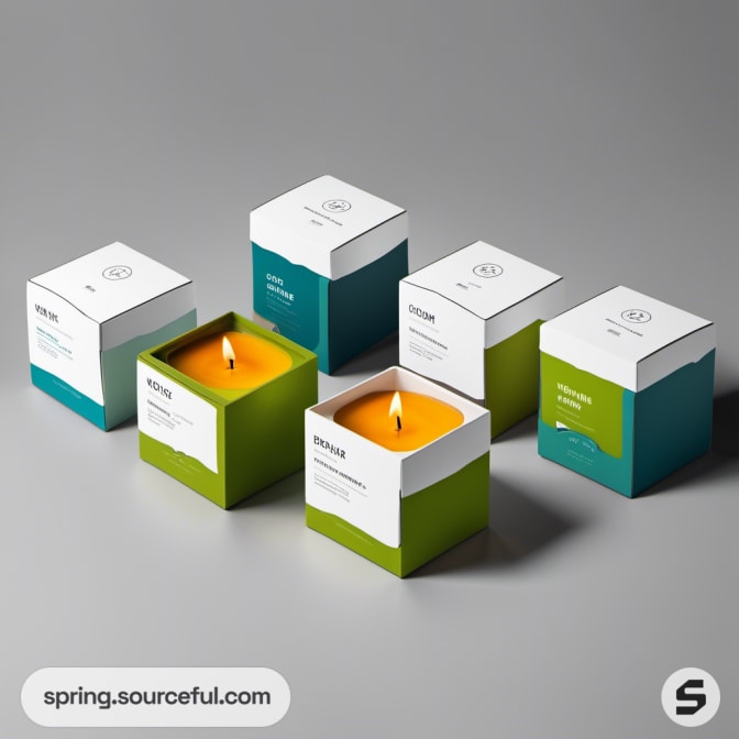 Candles in vibrant green-and-blue packaging on a gray surface.