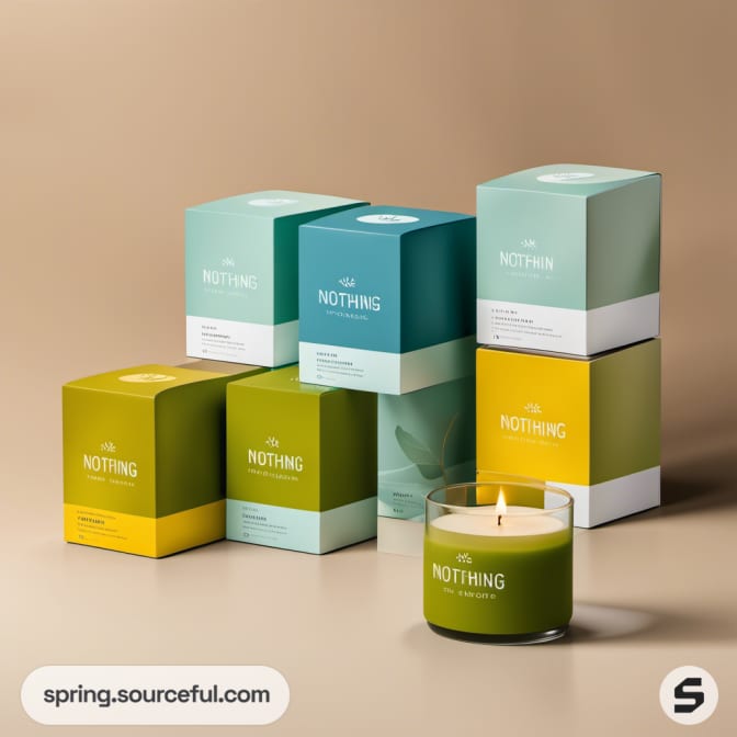 Candles in green packaging on a brown background.