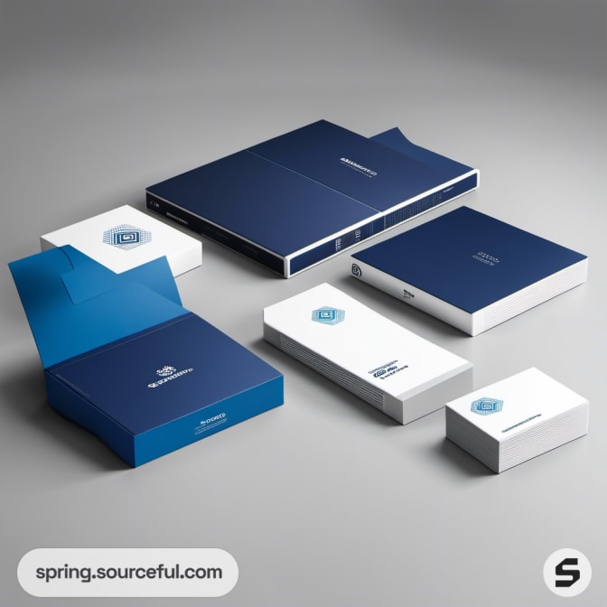 Blue and white rectangular boxes with minimalist design in a grid layout on a gray background.