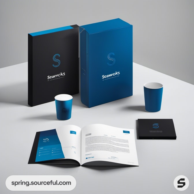 Black and blue packaging with booklets and blue cups on a gray table.