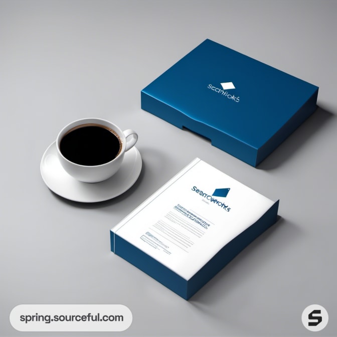 Blue box and coffee cup on gray surface, featuring a document.