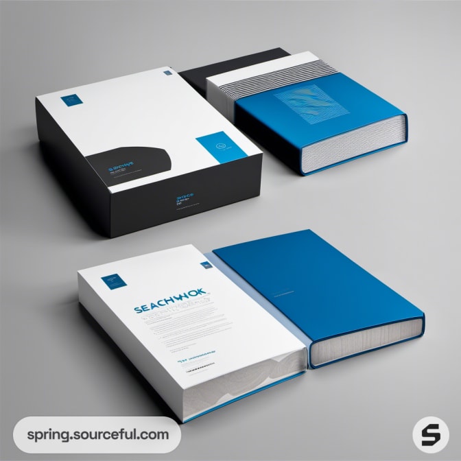 Open and closed blue and white boxes with minimalist design on a gray surface.
