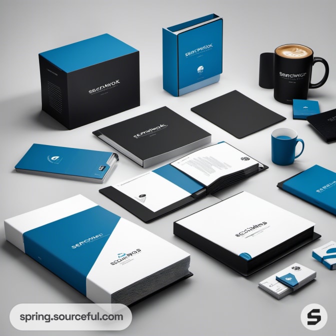 Variety of blue, black, and white branded office supplies and boxes on a gray background.