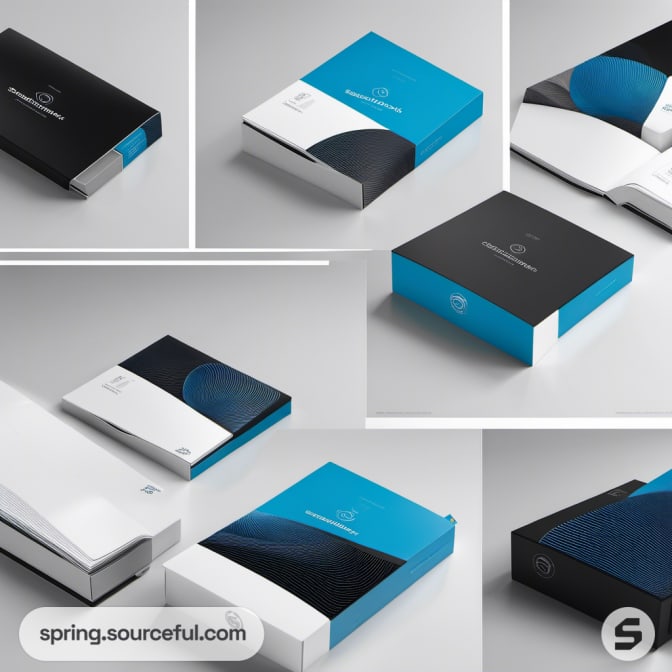 Various blue and black rectangular boxes with sleek design on a gray background.