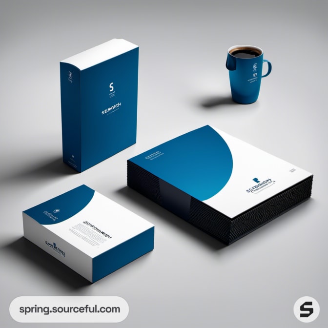 Blue and white boxes and a blue coffee cup on a gray background.