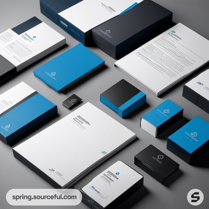 Assorted blue, black, and white stationery and rectangular boxes on gray surface.