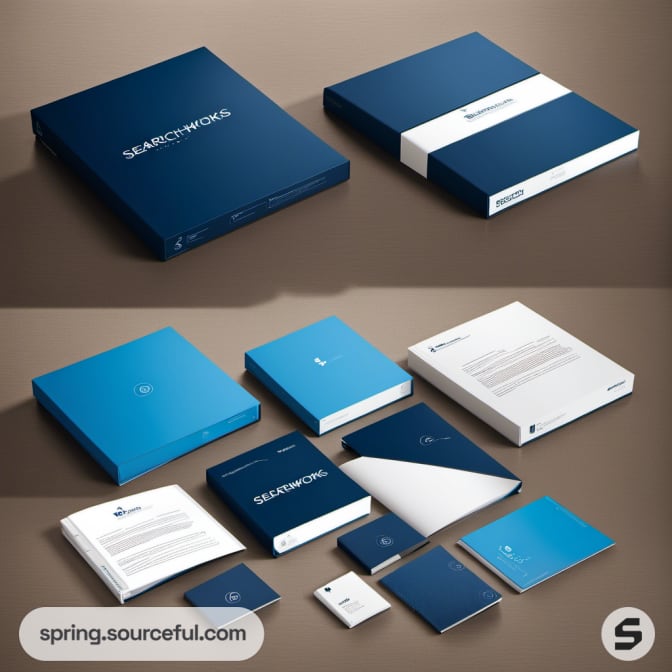 Blue and white boxes in varying sizes with minimalist design on a gray background.