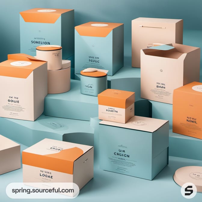 Assorted pastel orange and blue boxes with simple text on a light blue backdrop.