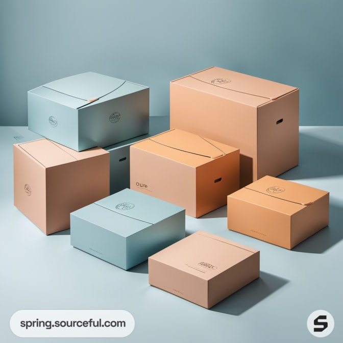 Various sized boxes in pastel tones of blue and orange on a plain blue surface.