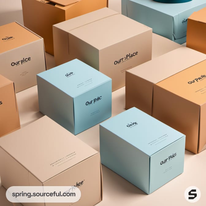 Close-up of pastel-colored boxes with minimalist designs in orange and blue shades.