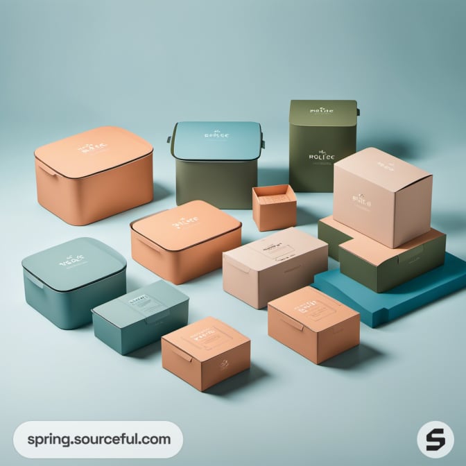 Diverse pastel-colored box packaging arranged neatly on a light blue surface.