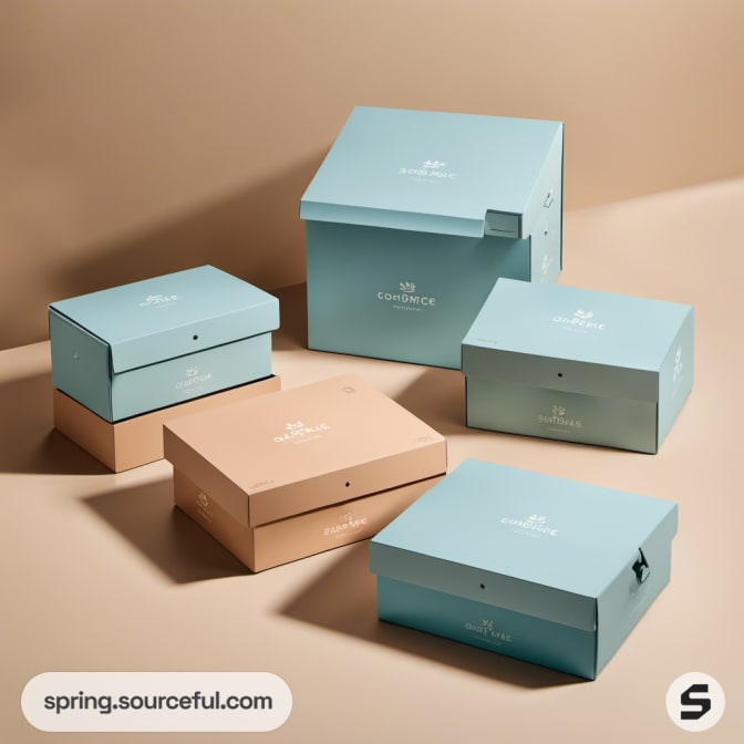 Stack of pastel blue and orange boxes with minimalist branding on a brown background.