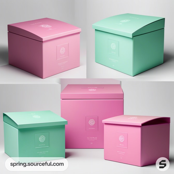 Pastel pink and green gift boxes with hinged lids on a white background.