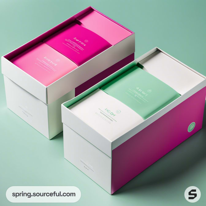 Two rectangular boxes with sliding lids in green and pink, sitting on a pastel green surface.